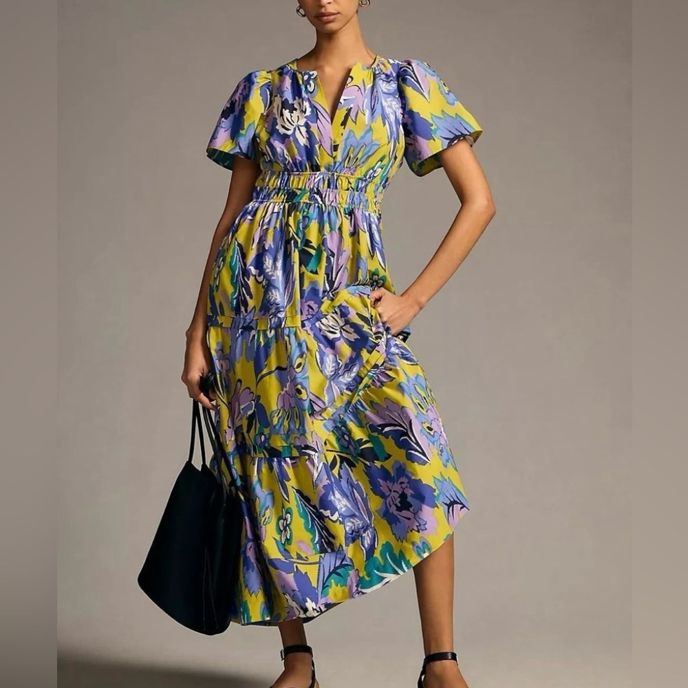 Anthropologie Somerset Maxi Dress, lime green & purple, size L, EUC